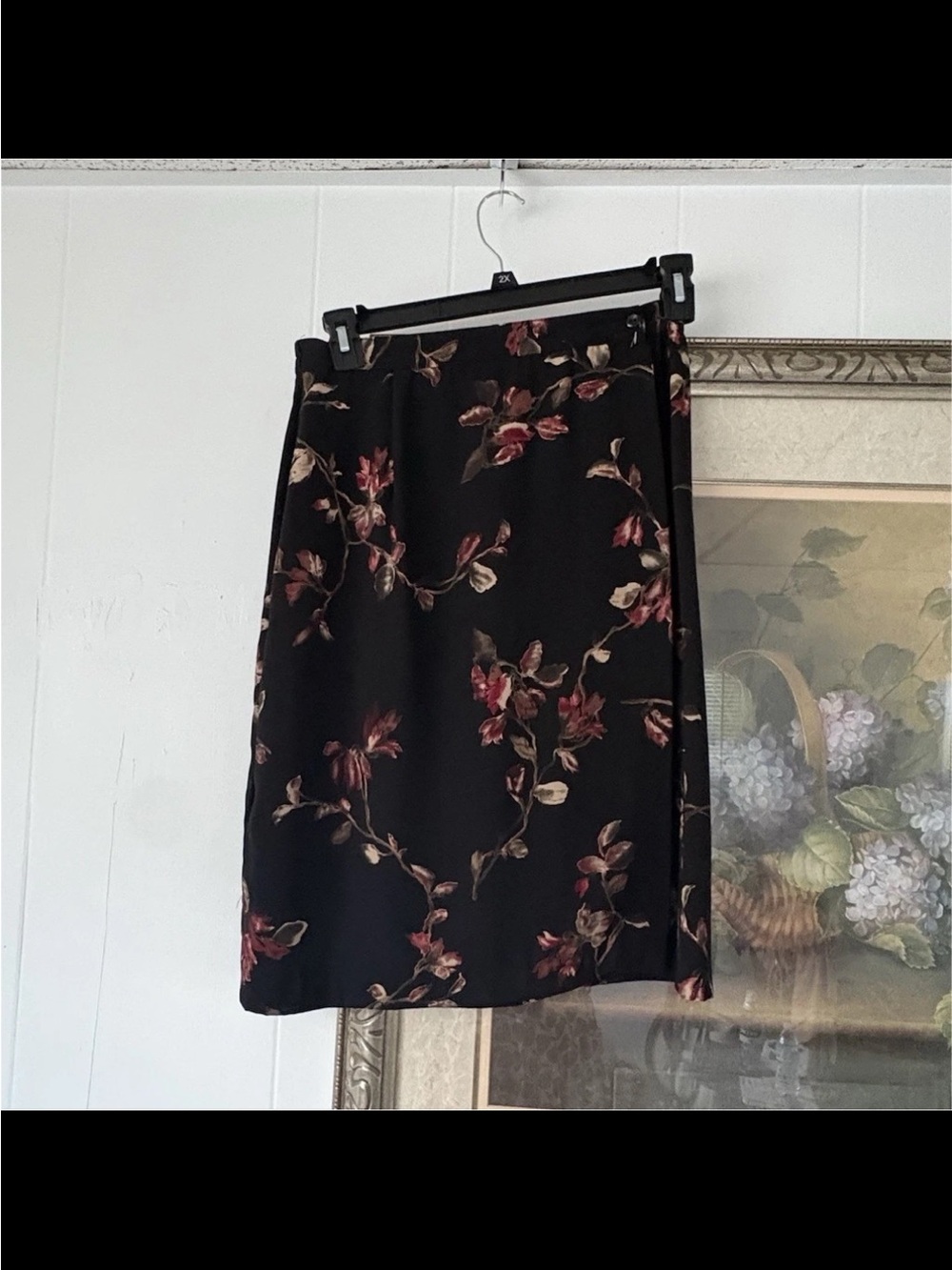 Dress Barn Black Pencil Skirt with Burgundy and Cream Floral Accents